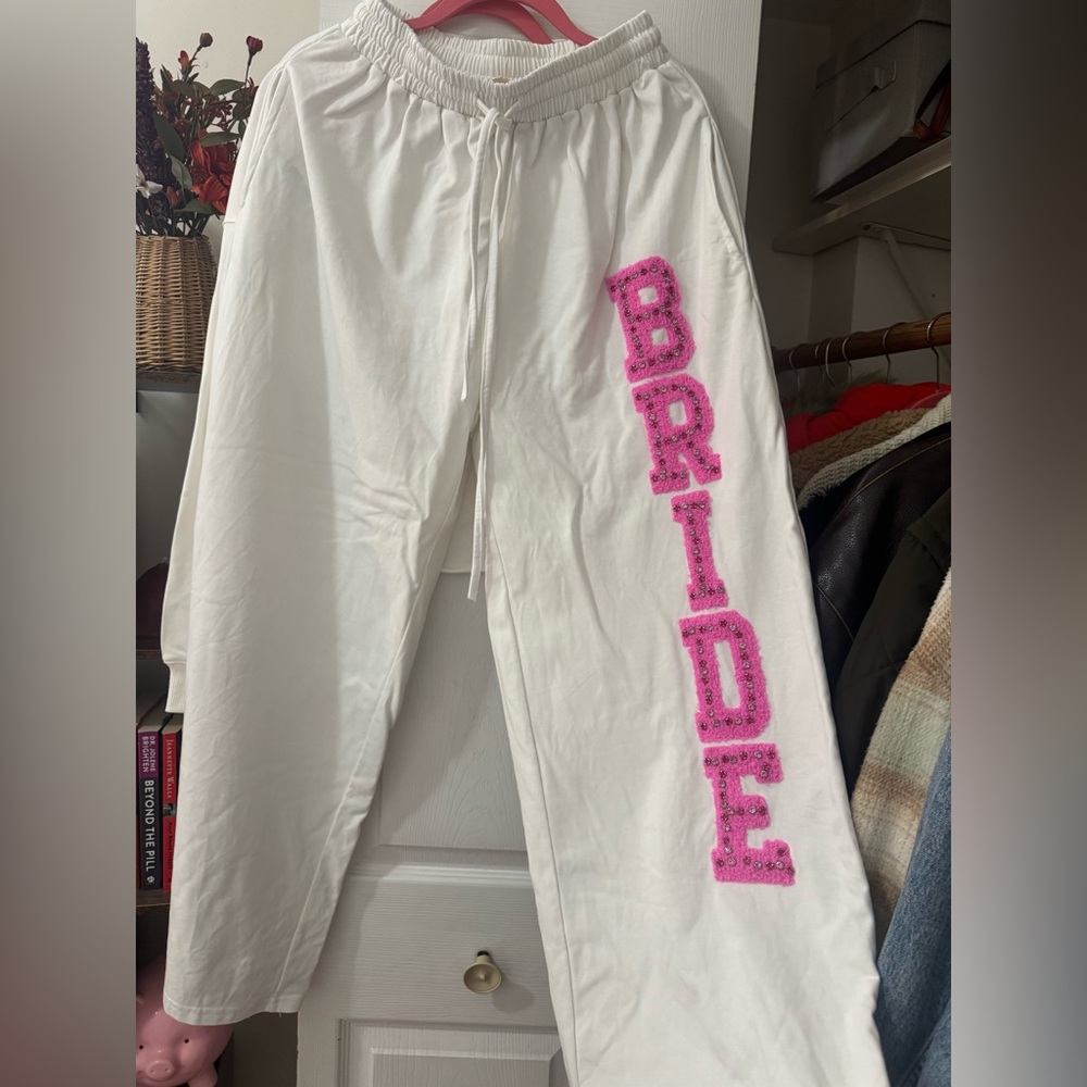 White BRIDE Sweatpants with pink sequin writing